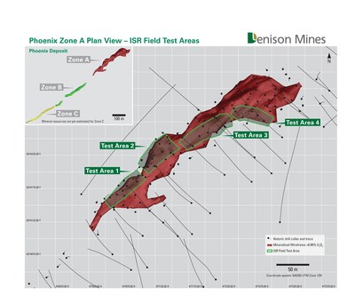 Figure 1. Phoenix Zone A plan view showing Test Areas delineated for ISR field testing. (CNW Group/Denison Mines Corp.) Figure 1. Phoenix Zone A plan view showing Test Areas delineated for ISR field testing. (CNW Group/Denison Mines Corp.)